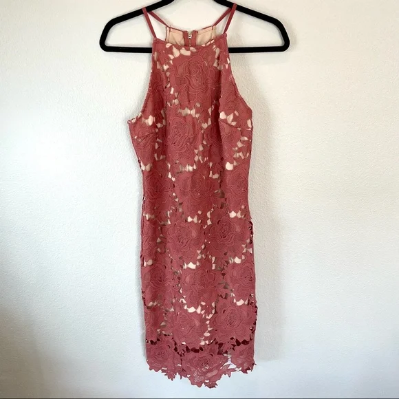 Akira Chicago Black Label High Neck Pink & Nude Lace Body-Con Dress Size Medium - Picture 1 of 14